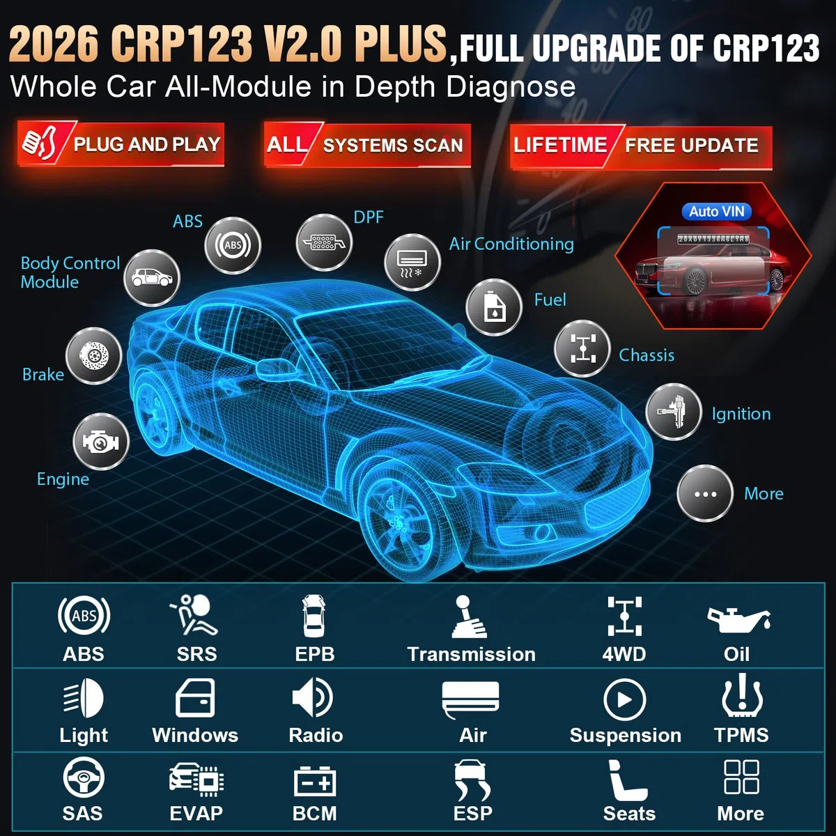 Launch CRP123 V2.0 Plus Elite[Nouveau modèle 2024] Outil d'analyse de Tous Les systèmes avec 3 réinitialisations d'huile/réapprentissage de l'accélérateur/réinitialisation SAS, Outil de Diagnostic