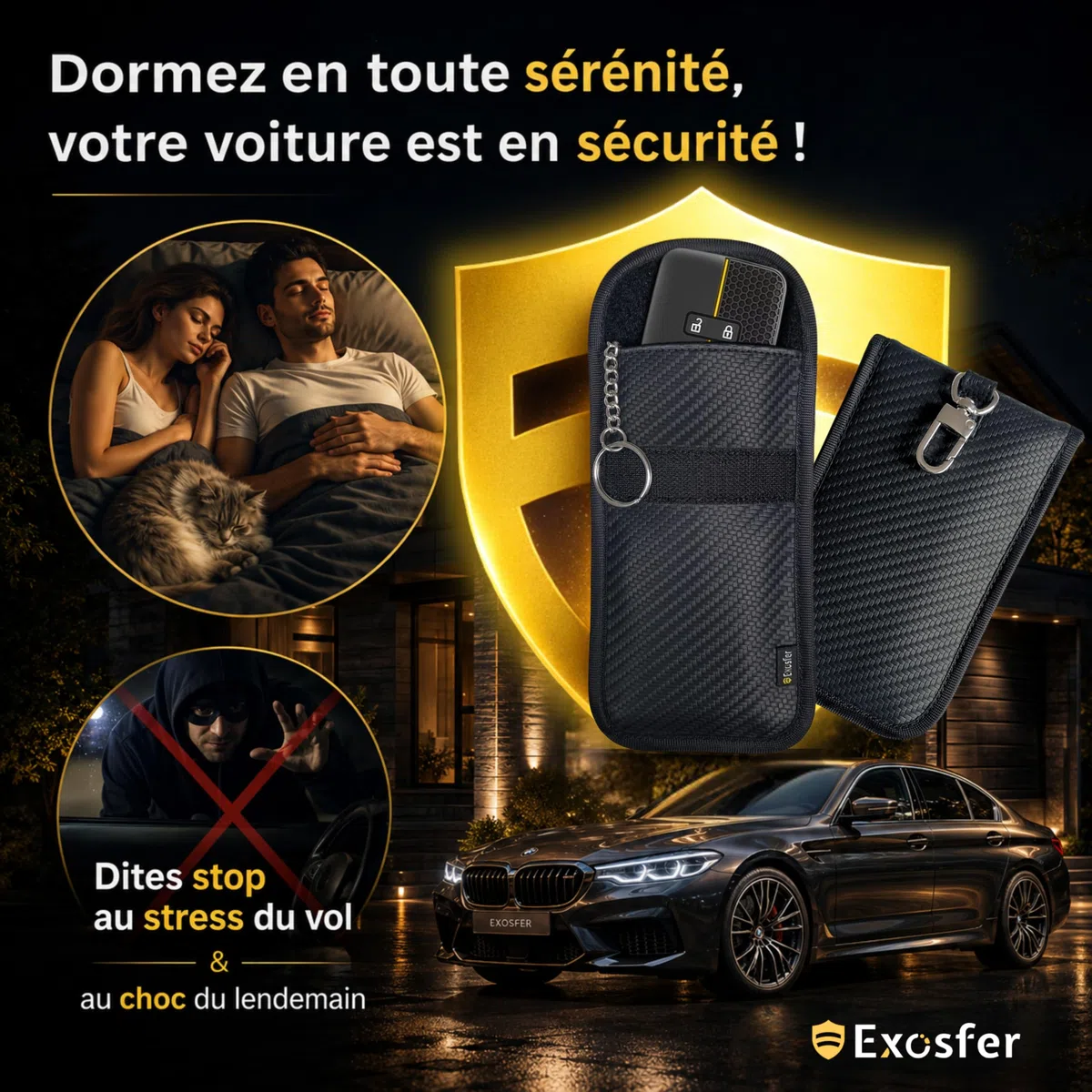 Etui Anti RFID et Ondes pour Clé de Voiture - Pochette Cage de Faraday - Blocage Signal, Anti Piratage, Antivol Auto, Protection Badge Télépéage. Tissu Carbone (2 pochettes Medium)
