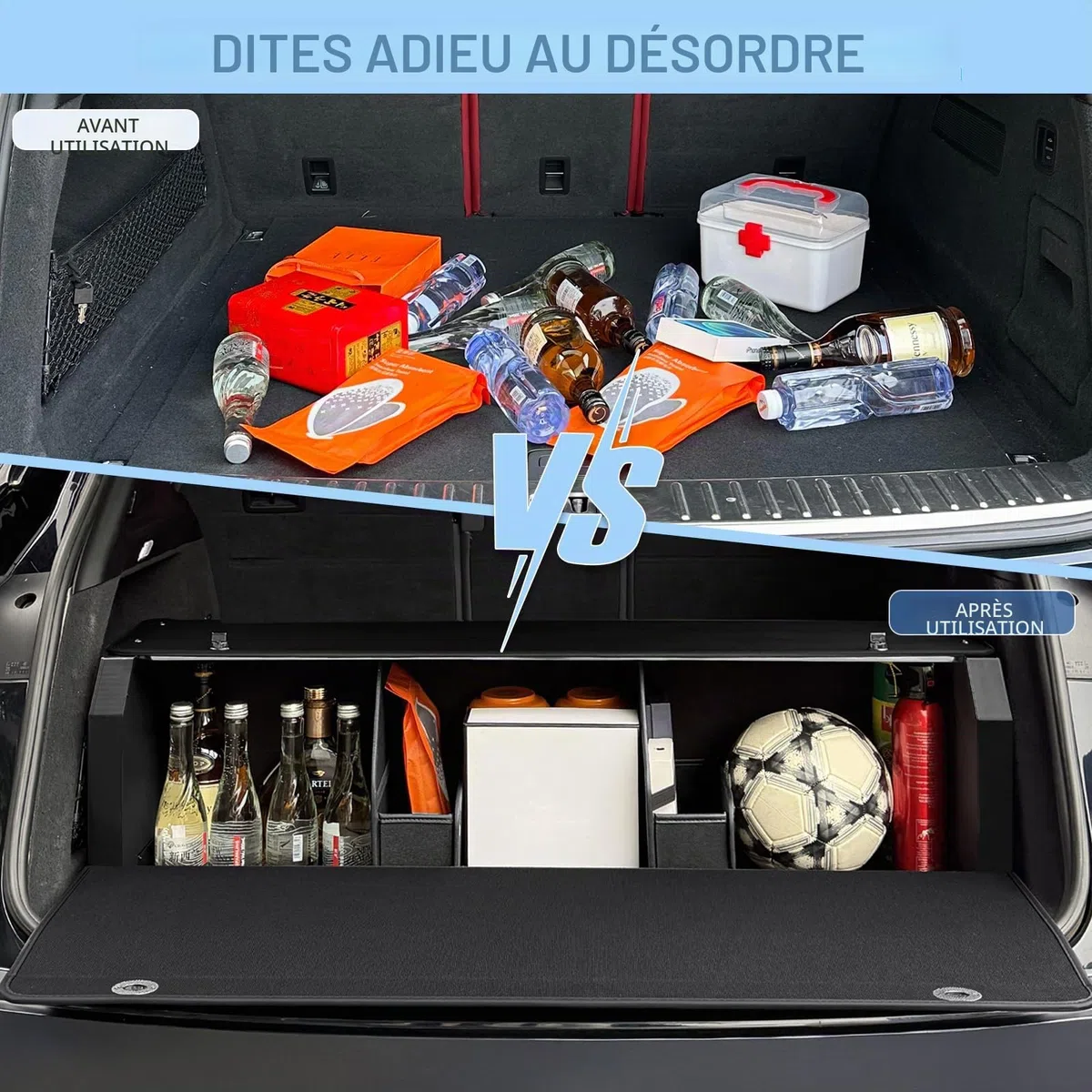 Organiseur de coffre de voiture, En cuir imperméable, Avec couvercle et poignée robuste, Compartiment mobile, Convient pour les voitures, SUV (Noir, (103 * 29 * 31cm))