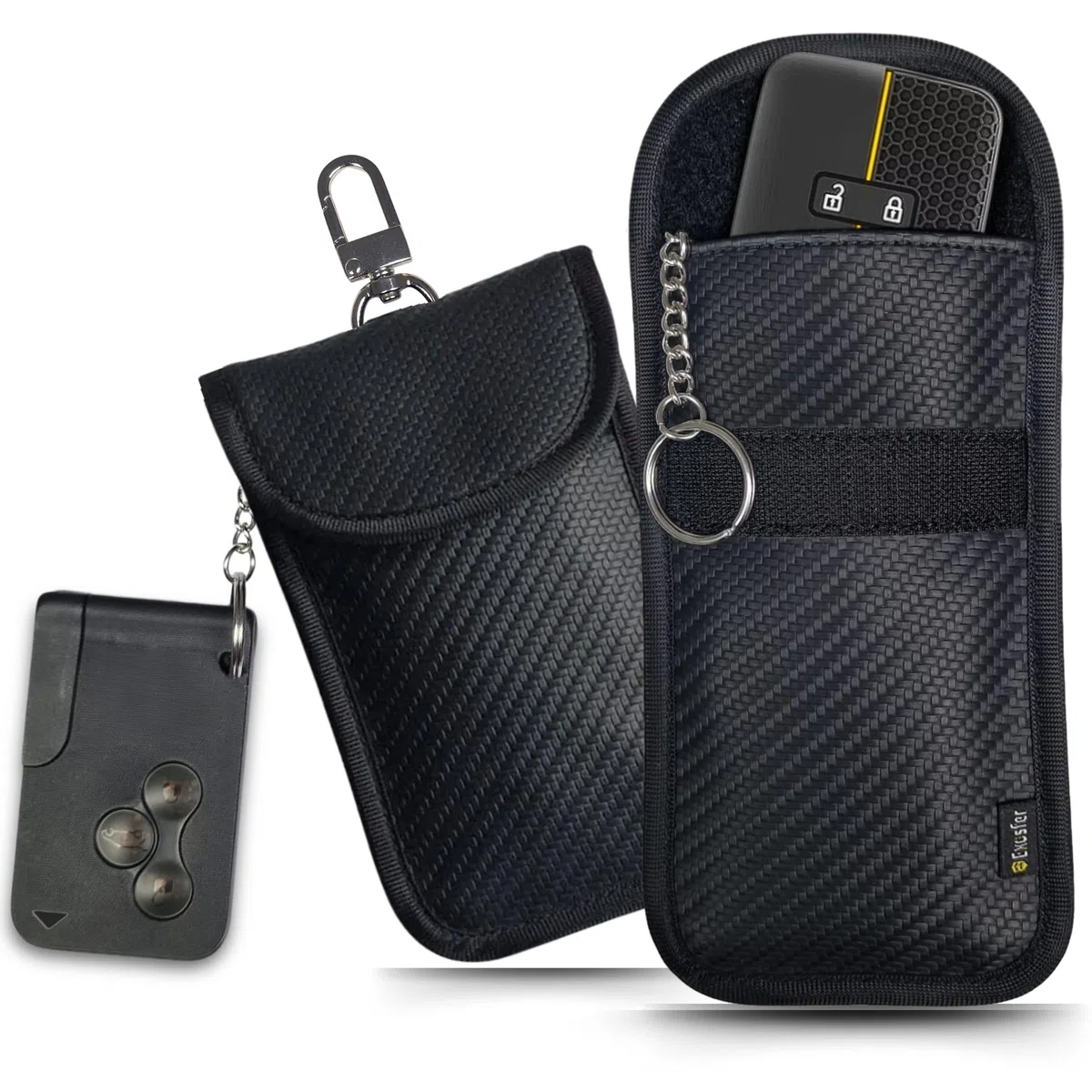 Etui Anti RFID et Ondes pour Clé de Voiture - Pochette Cage de Faraday - Blocage Signal, Anti Piratage, Antivol Auto, Protection Badge Télépéage. Tissu Carbone (2 pochettes Medium)