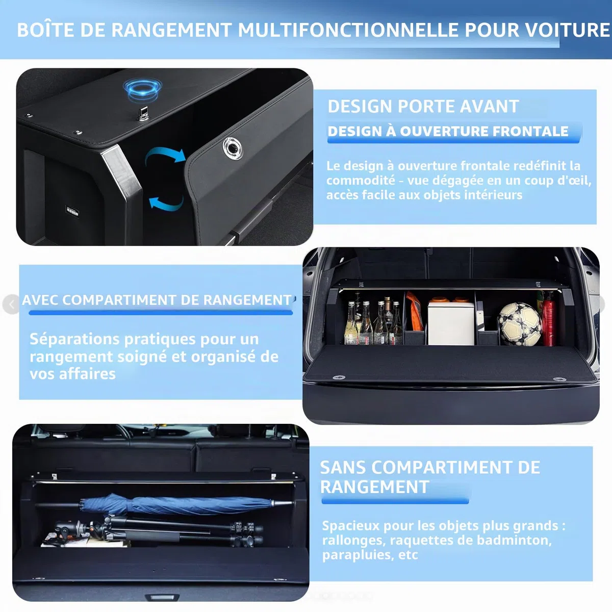 Organiseur de coffre de voiture, En cuir imperméable, Avec couvercle et poignée robuste, Compartiment mobile, Convient pour les voitures, SUV (Noir, (103 * 29 * 31cm))