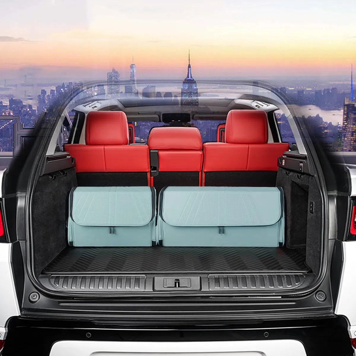 Organisateur de Coffre de Voiture – Organisateurs de Coffre en Cuir Bleu avec poignées – Boîte de Rangement Portable Haut de Gamme pour Le Shopping, Le Camping,