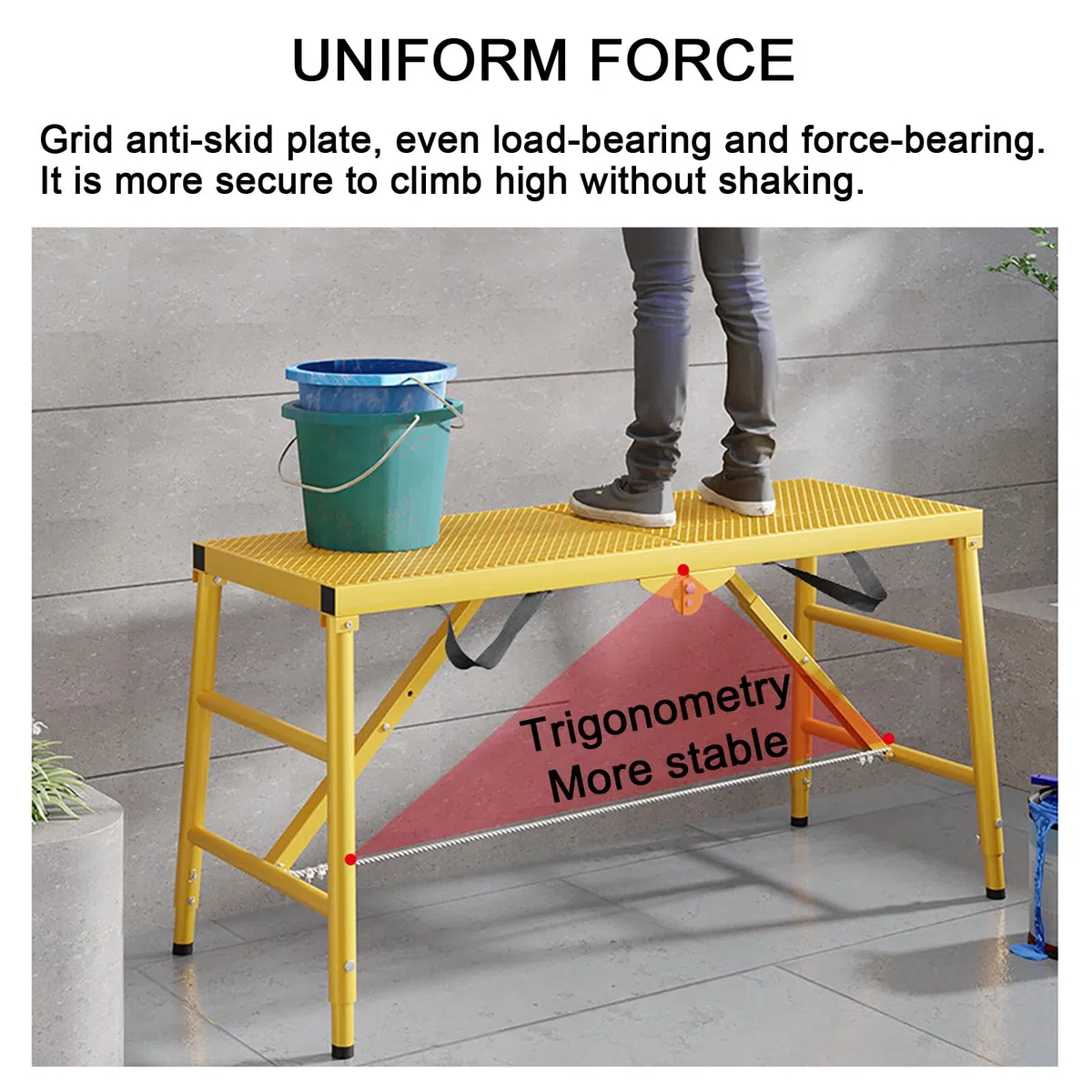 Tabouret De Cheval Pliable en Acier Au Carbone De Haute Qualité, Outil De Construction avec Pédales Antidérapantes Élargies, Charge D'environ 20KG + Levage À 5 Niveaux (Espacement 10CM),Yellow