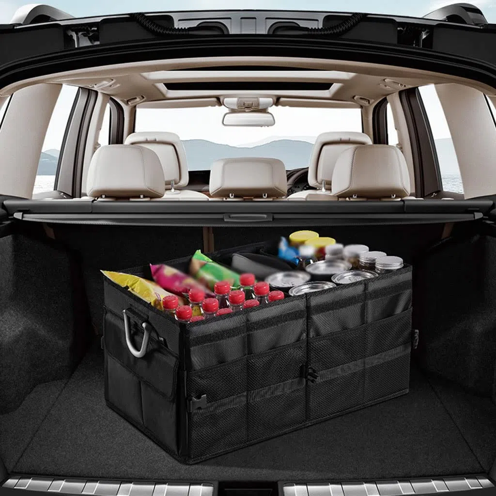 Organisateur de Coffre de Voiture Organisateur de Rangement de Coffre Durable avec Bande réfléchissante Pliable et Plusieurs Compartiments Accessoires de Rangement de Voyage