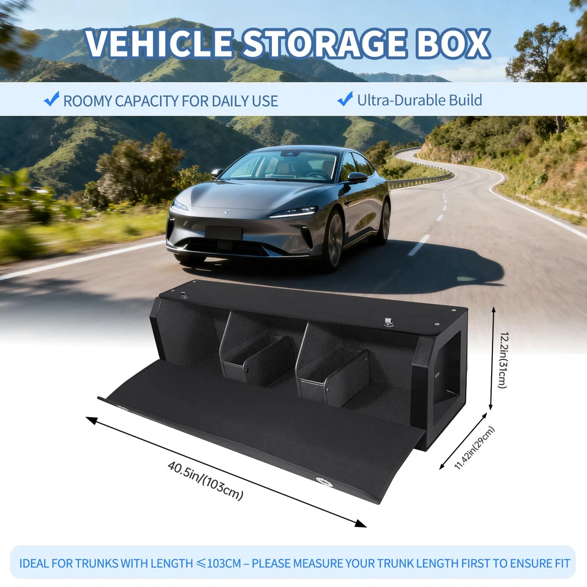 Organiseur de coffre de voiture, En cuir imperméable, Avec couvercle et poignée robuste, Compartiment mobile, Convient pour les voitures, SUV (Noir, (103 * 29 * 31cm))