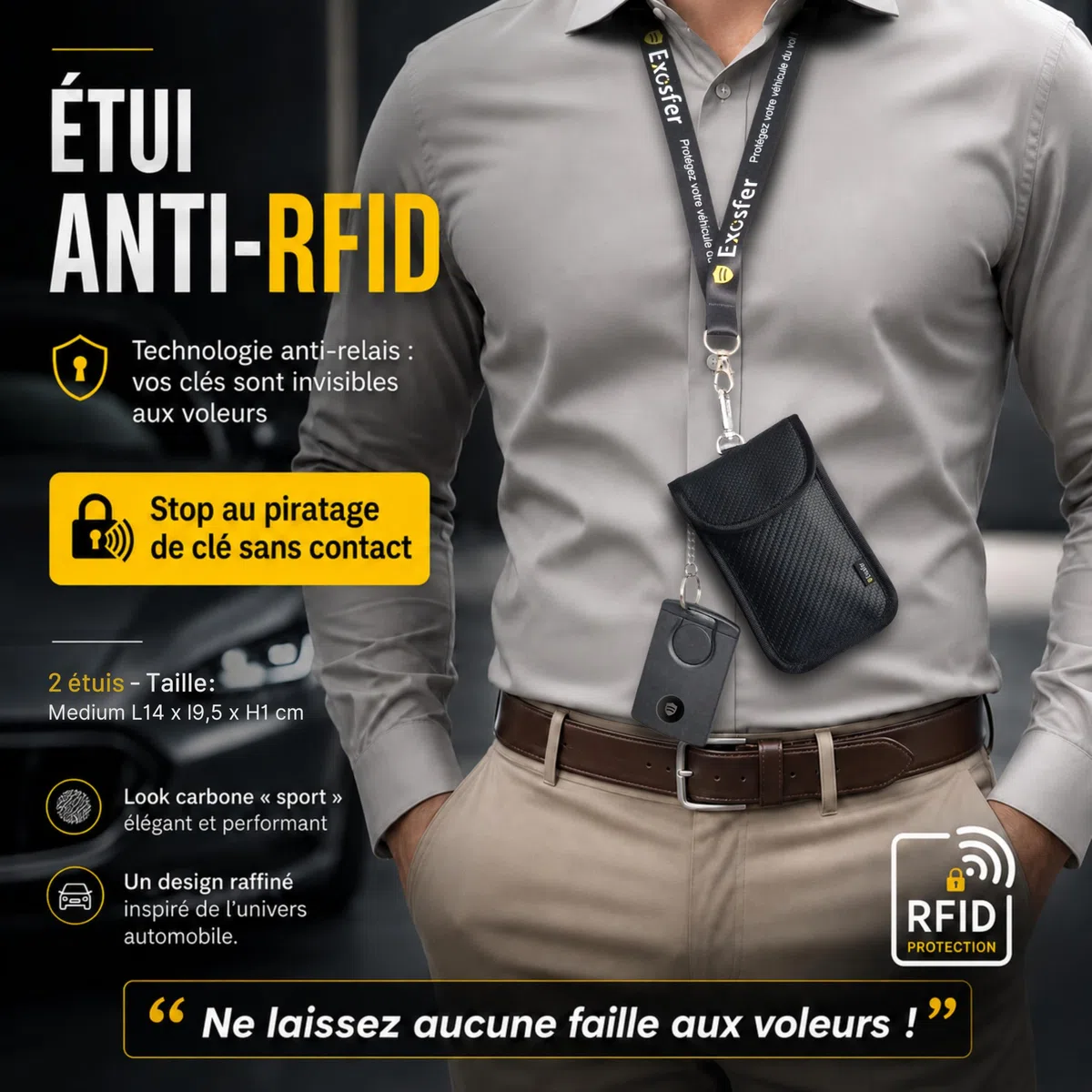 Etui Anti RFID et Ondes pour Clé de Voiture - Pochette Cage de Faraday - Blocage Signal, Anti Piratage, Antivol Auto, Protection Badge Télépéage. Tissu Carbone (2 pochettes Medium)