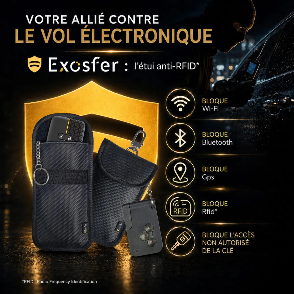 Etui Anti RFID et Ondes pour Clé de Voiture - Pochette Cage de Faraday - Blocage Signal, Anti Piratage, Antivol Auto, Protection Badge Télépéage. Tissu Carbone (2 pochettes Medium)