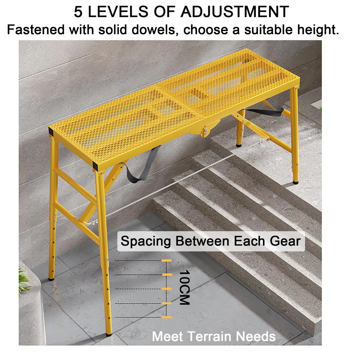 Tabouret De Cheval Pliable en Acier Au Carbone De Haute Qualité, Outil De Construction avec Pédales Antidérapantes Élargies, Charge D'environ 20KG + Levage À 5 Niveaux (Espacement 10CM),Yellow