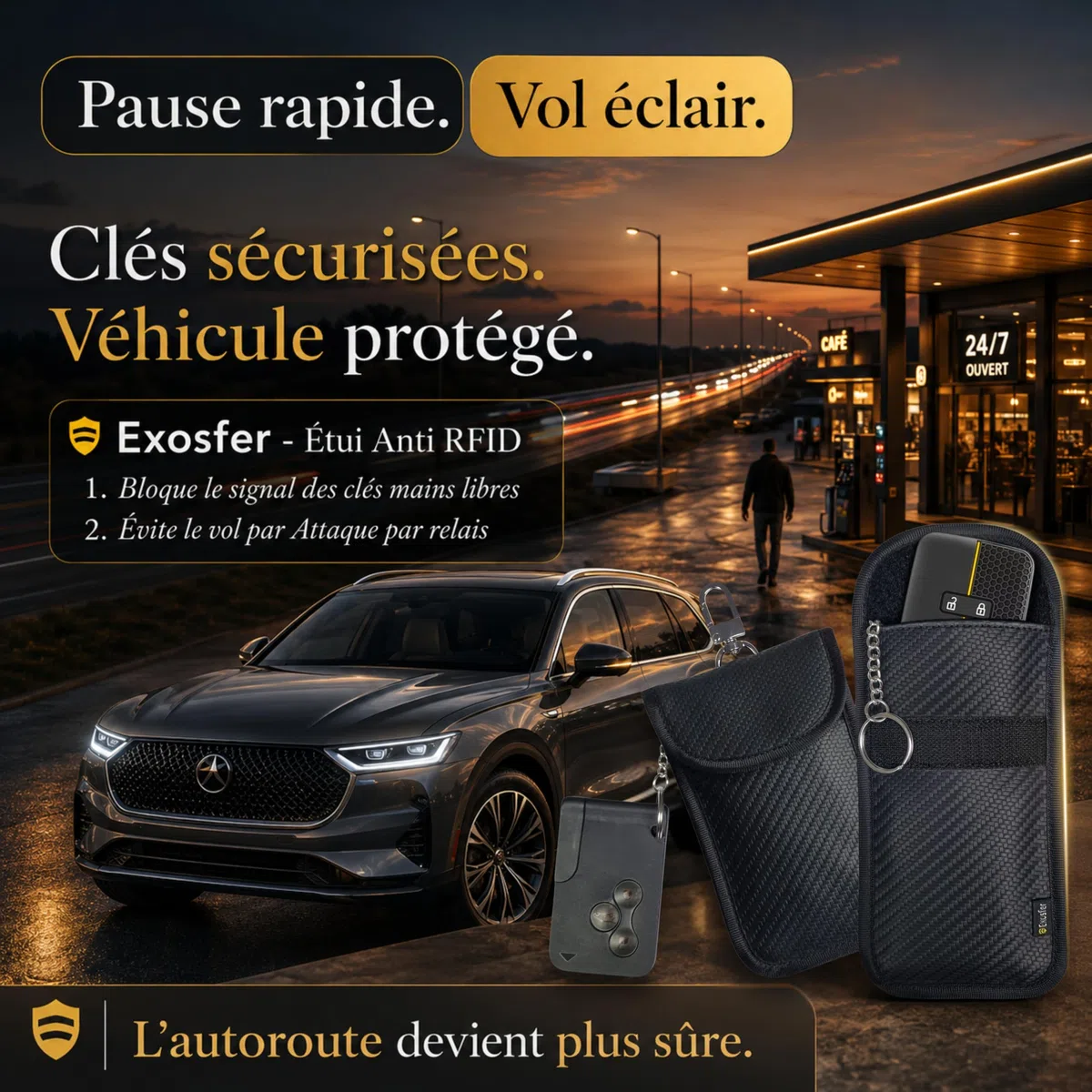 Etui Anti RFID et Ondes pour Clé de Voiture - Pochette Cage de Faraday - Blocage Signal, Anti Piratage, Antivol Auto, Protection Badge Télépéage. Tissu Carbone (2 pochettes Medium)